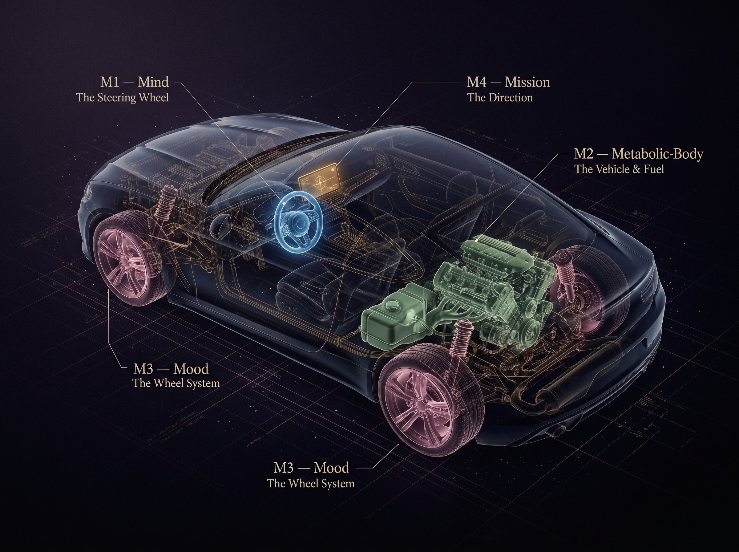 The 4M Code human vehicle x-ray, showing M1 Mind as the steering wheel, M2 Metabolic-Body as the engine and fuel tank, M3 Mood as the wheel system, and M4 Mission as the dashboard direction